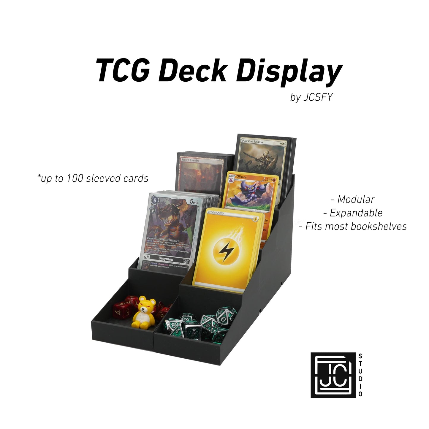 Modular TCG Display Stand β Fits 40/60/100 Card Decks β Expandable Tiered Organizer for Trading Cards & Game Tokens β Black by JCSFY