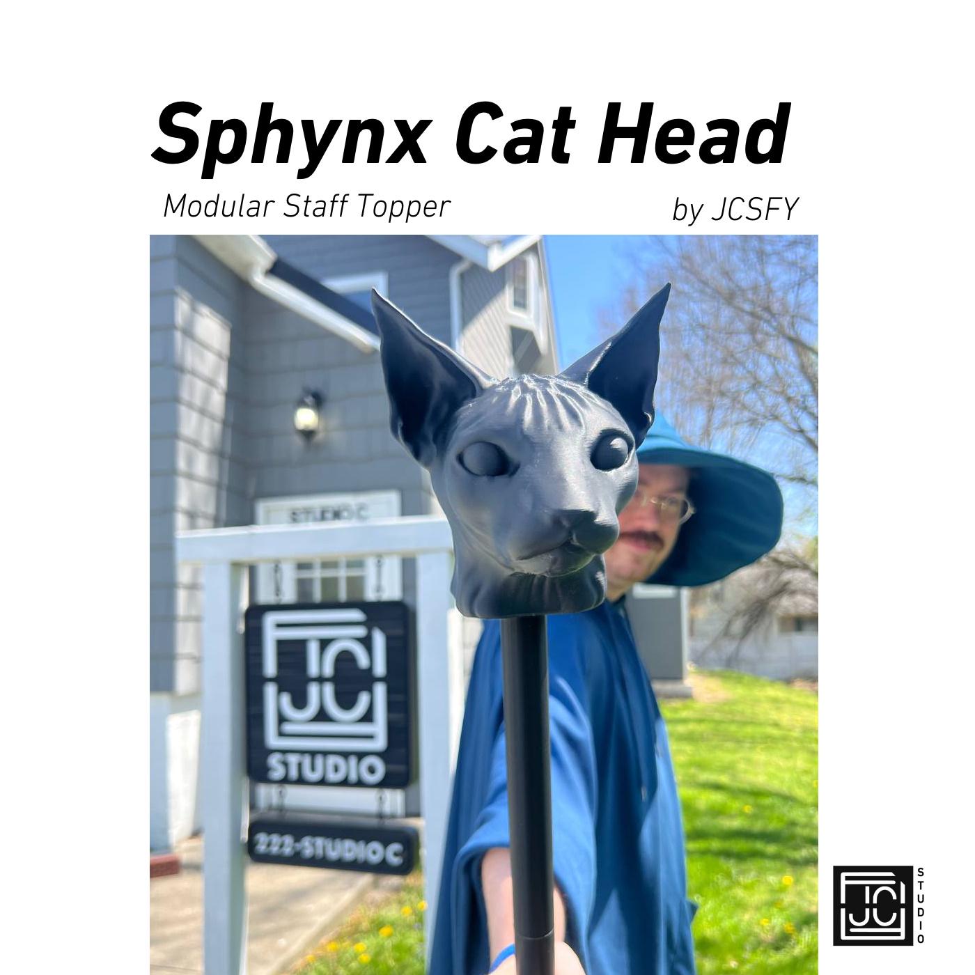 Sphynx Cat Head Staff Topper for Cosplay Wizard Druid Witch | Fantasy Feline Cane Kit Kitten Egypt | 3D Printed Magical Accessory by JCSFY