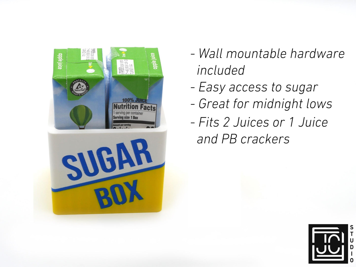 Juice Box Wall Storage Holder | Nightstand Snack Bin for Low Blood Sugar | Bedroom Hallway Mount | Energy Box Organizer Sugar Box by JCSFY