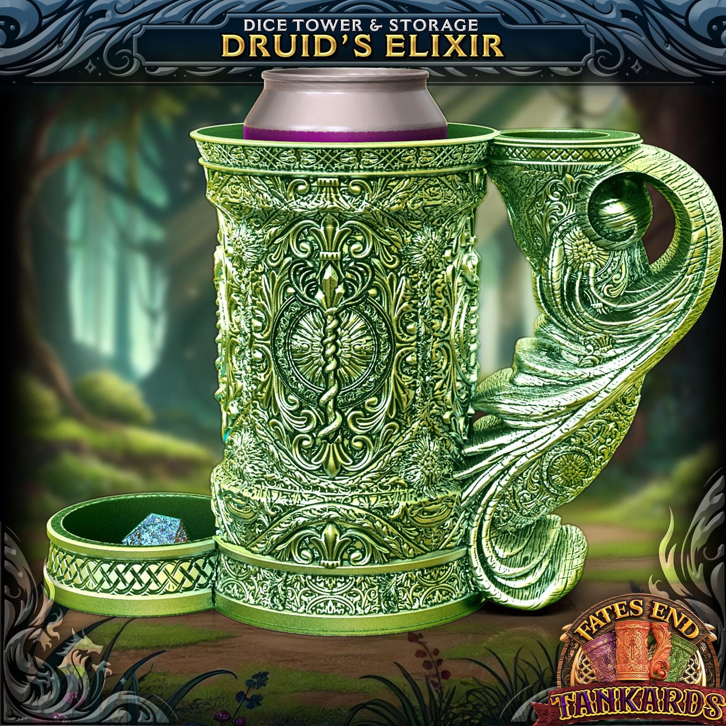 Druid Themed Tankard Dice Tower and Can Holder with Dice Vault | Fates End RolePlay RP Gamer Mug Roll Gift Storage DND Classes from JCSFY