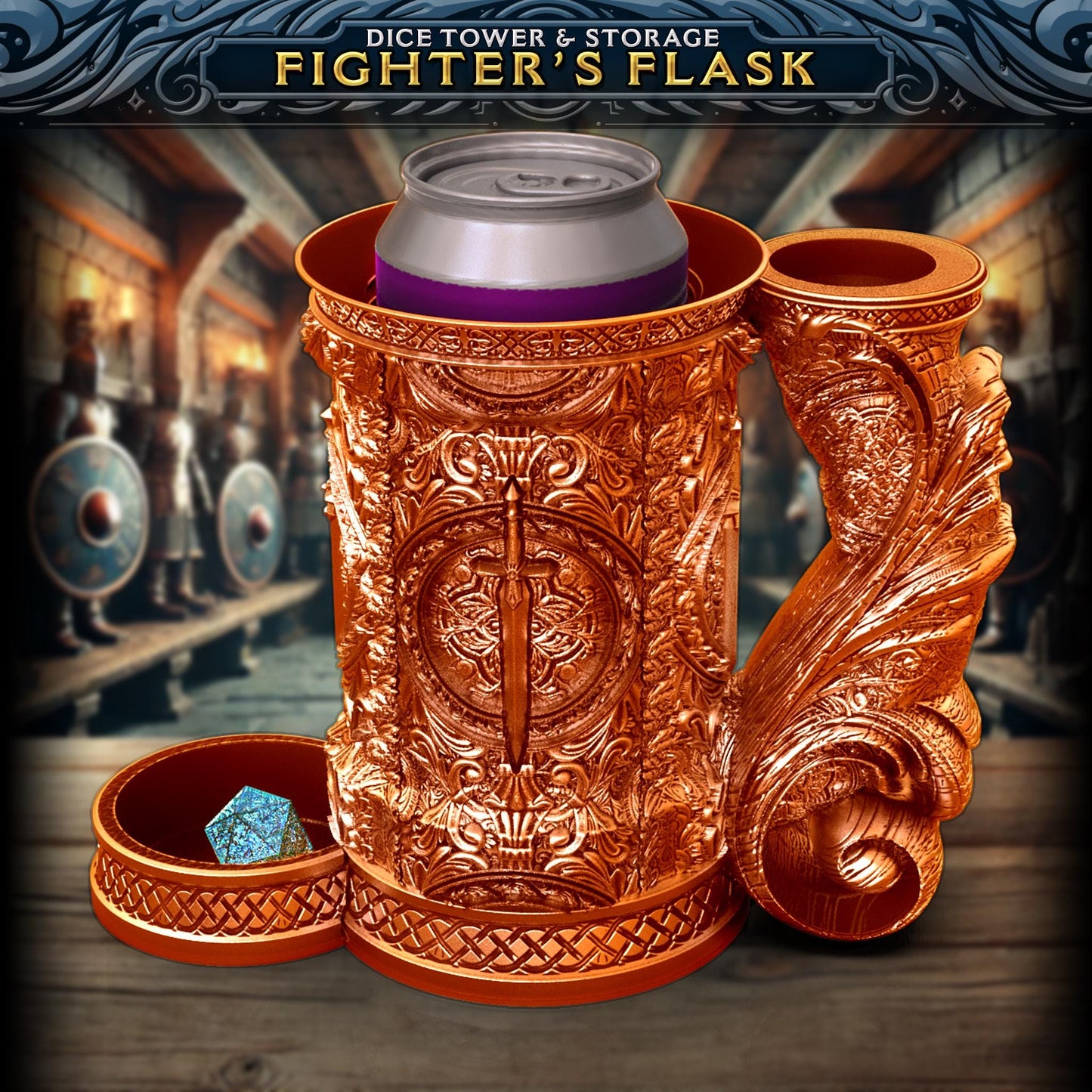 Fighter Tankard Dice Tower and Can Holder with Dice Vault | Fates End RolePlay RP Gamer Mug Roll Gift Storage DND Classes from JCSFY